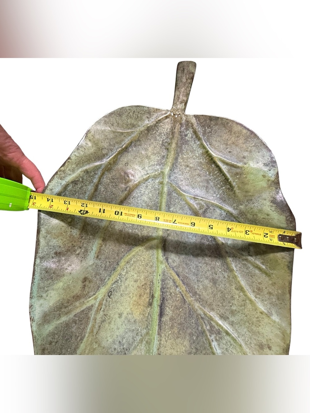 Vintage Distressed Green Metal Leaf Tray Large 25" Centerpiece MCM rustic chic - Picture 6 of 7